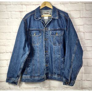 Vintage Wrangler Rugged Wear Mens Denim Jean Jacket Button Up Large Biker Coat